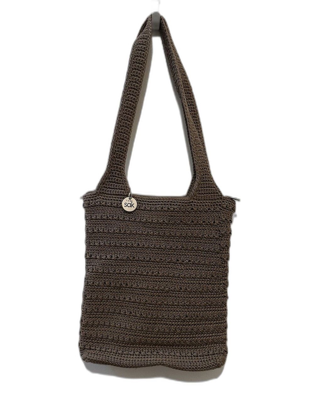 The SAK Shoulder Bag Crochet Brown Double Handled Zip Top EUC